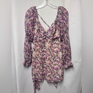 Lena Cream and Purple Floral Puff-Sleeve Tunic